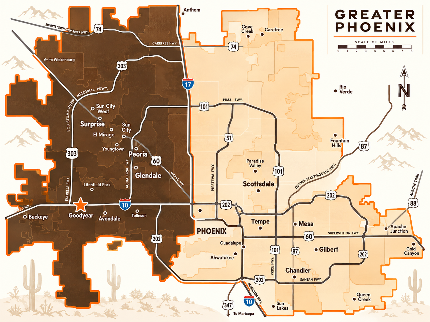 Map of the Canyon Trails Mechanical service area, centred on Goodyear and the West Valley and extending across the greater Phoenix metro area.