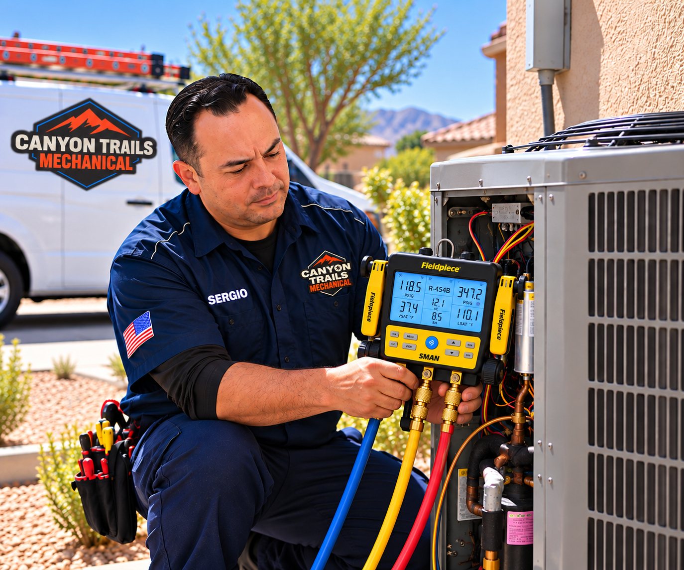 Canyon Trails Mechanical technician Sergio checking an outdoor AC unit with digital refrigerant gauges